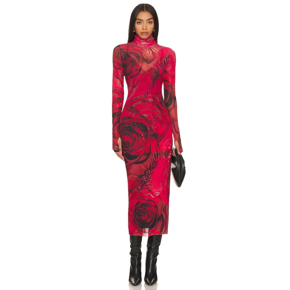 AFRM Shailene Dress Size S Midi Mesh Black Red Rose Dark Romance Whimsigoth - Picture 1 of 11